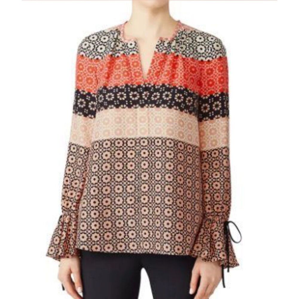 Derek Lam 10 Crosby Carnation Print Silk Bell Sleeve Tie Cuff Blouse Womens 4